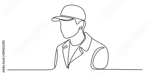 A continuous line art portrait of a man wearing a baseball cap and jacket
