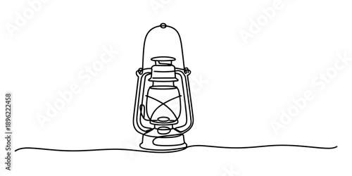 Single continuous line art drawing of a vintage oil lantern on a white background