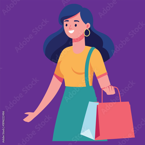 Happy young woman with shopping bags. cartoon character illustration vector isolated