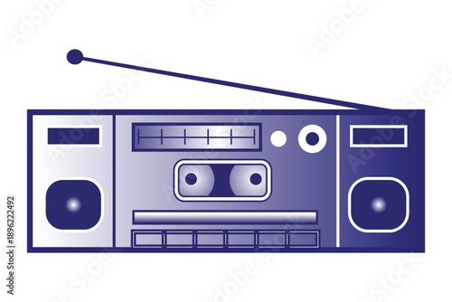 A flat blue illustration of a vintage boombox with an extended antenna
