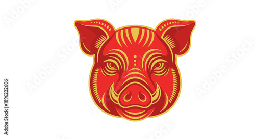 Vibrant red and gold pig head design with intricate patterns