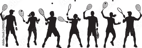 Black Silhouette Vector Set of Male and Female Tennis Players Performing Action Shots Like Serves Backhands and Volleys for Sports Club Branding and Tournament Promotion