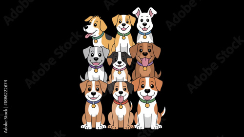 Cartoon dogs in a group sitting isolated on black background.