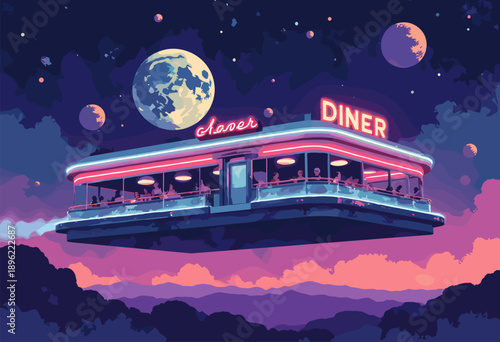 Flat illustration RetroFuturistic 1950s Diner floating space Neon sign, chrome details, asteroid field background
