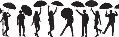 Black Silhouette Vector Set of Men and Women Holding Umbrellas in Various Poses for Rainy Weather Autumn Season Fashion and Outdoor Lifestyle Graphic Design Projects