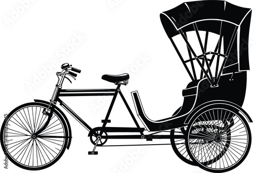 Detailed black silhouette of traditional asian cycle rickshaw for eco friendly passenger transport and cultural travel vector