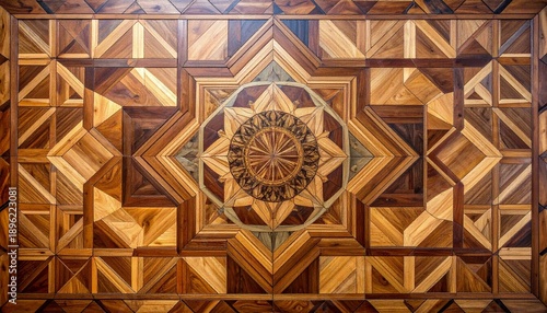 Brown, tan, dark oak wood. Ornate wood floor inlay with intricate geometric border and central medallion for luxury classical interior architecture and craftsmanship.