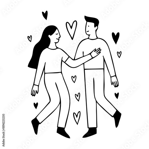 Día de San Valentín. Dibujo sencillo de una pareja feliz rodeada de corazones 