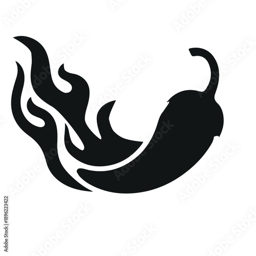Stylized black chili pepper with flames graphic design element on transparent background