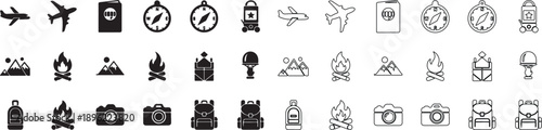 Set of Travel, Camping, and Adventure Vector Icons. Modern Line Art and Solid Glyphs Collection. isolated PNG with Transparent Background