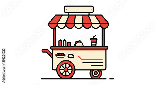 Flat line illustration of a red and white food cart with awning on wheels against a clean white background.