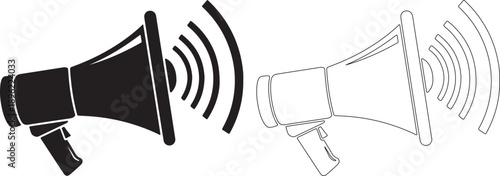 Black Megaphone Icon Vector Set with Sound Waves, Solid and Outline, isolated PNG with Transparent Background