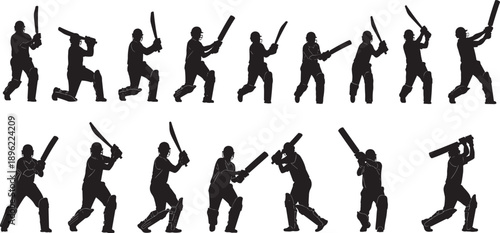 Black Silhouette Vector Set of Professional Cricket Players and Batsmen Performing Various Batting Poses for Sports Branding Tournament Promotion and Athletic Team Game Designs
