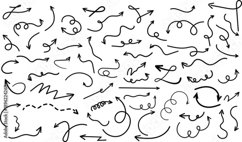 Charcoal hand drawn pencil arrows. Doodle curved chalk darts. Texture design elements of scribble lines. Vector illustration of hand painted crayon check lines.