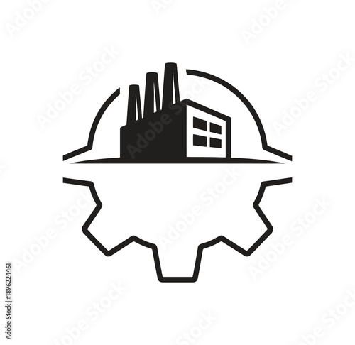 Industrial factory building silhouette within a large gear cog, representing manufacturing and industry, isolated on transparent background