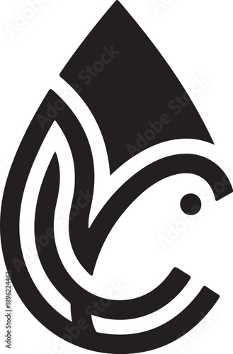 Abstract black silhouette of a stylized fish with swirling patterns and a rounded fin, representing aquatic life, nature, or a creative logo element