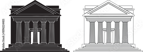 Classical Building Facade Vector Icon Set with Black and Outline Versions isolated PNG with Transparent Background