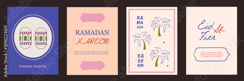 Ramadan Kareem, Eid Mubarak, Eid al Adha, Eid al Fitr set illustration. Islamic ornament, lantern, text, frame, typography, minimal background set, banner, cover, greeting card, poster, social media.