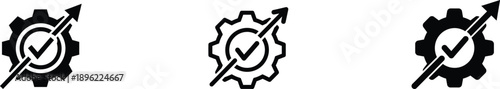 Three gear icons with check marks and arrows in silhouette