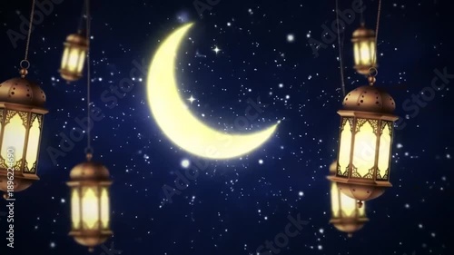 Evening scene of crescent moon and hanging lanterns against a starry sky