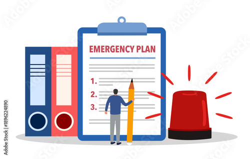 Business emergency plan, smart businessman holding pencil with paper of emergency plan and flashing siren, checklist to do when disasters happen to continue business and build resilience concept.
