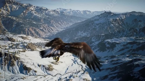 Majestic eagle soaring over snowy mountain peaks aerial view