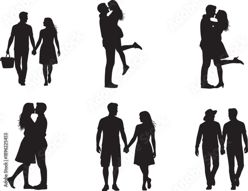 Black Silhouette Vector Set of Romantic Couples Walking Holding Hands and Hugging for Valentines Day Weddings Relationships and Love Themed Graphic Design Projects
