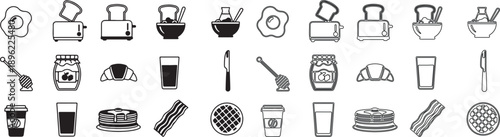 Set of Breakfast Food and Drink Icons. Modern Outline Line Art Vector Collection. isolated PNG with Transparent Background
