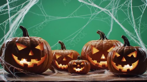 Glowing halloween pumpkins with spider web background festive seasonal concept