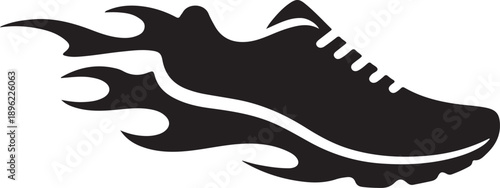 Black silhouette of a modern running shoe engulfed in flames, symbolizing extreme speed, power, and peak athletic performance.