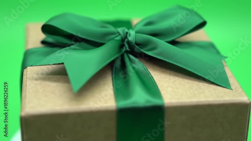 Gift box with green ribbon festive presentation on chroma key background