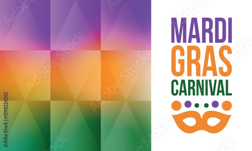 Mardi Gras Carnival in New Orleans. Fat Tuesday. Traditional holiday, celebration annual. Folk festival, costume masquerade, fun party. Carnival mask. Poster, card, banner and background. Vector
