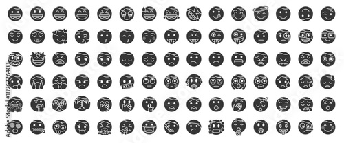 Emoji glyph icon set. contain feeling mad, scared, joyful, powerful, peaceful, sad