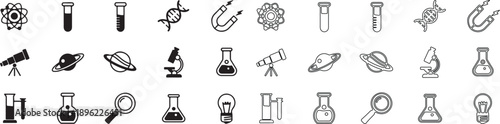 Modern Line Style Science Icons Collection. Scientific Research Symbols Set with Lab Equipment and Astronomy. isolated PNG with Transparent Background
