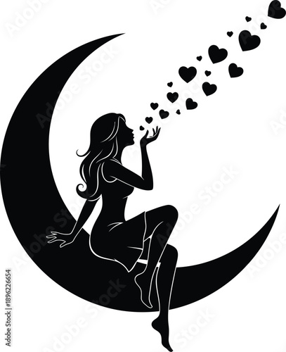 Silhouette of a woman sitting on a crescent moon blowing hearts