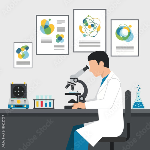 Scientist in lab coat working with microscope, surrounded by scientific equipment and charts on wall.