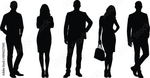 Professional business people silhouettes standing in diverse poses, corporate team group, men and women in smart office attire