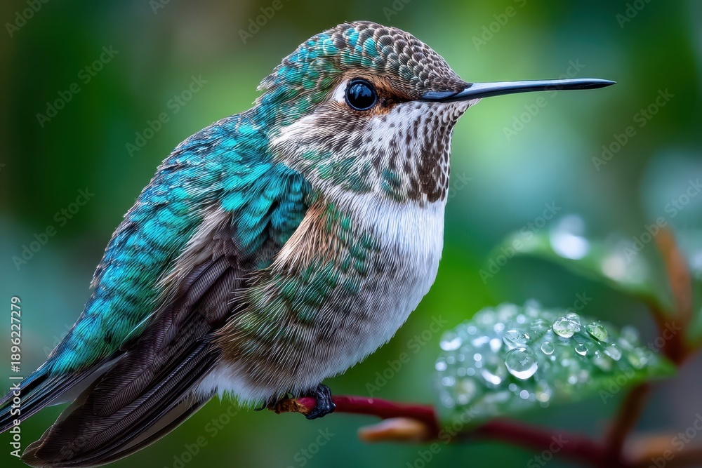 Naklejka premium Hummingbird Perched on Branch with Dewdrops