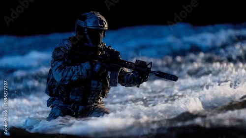 Dramatic silhouette of Navy SEAL, standing knee-deep in dark ocean water, tactical gear highlighted by faint blue lighting, horizon barely visible, underwater mission tension and a