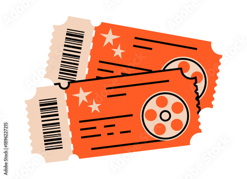 Hand drawn cute illustration of two cinema tickets. Flat vector movie theater or festival pass doodle. Entertainment industry sticker, icon. Date for couple. Leisure party pass. Isolated.