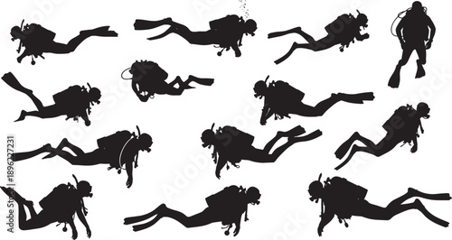 Black silhouettes of diverse scuba divers swimming and exploring underwater with full gear and oxygen tanks isolated on white background for marine adventure concept