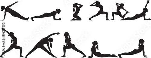 Black silhouettes of diverse women practicing various yoga poses and stretching exercises isolated on white background for wellness health fitness and mindfulness concept design