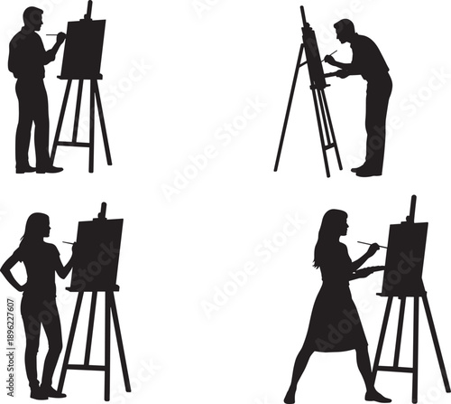 Black silhouettes of male and female artists painting on canvases with easels isolated on white background for creative hobby education and fine arts workshop