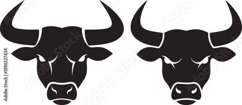 Two black bull heads in silhouette with strong horns, representing power, strength, and the Taurus zodiac sign. Ideal for logos and emblems.