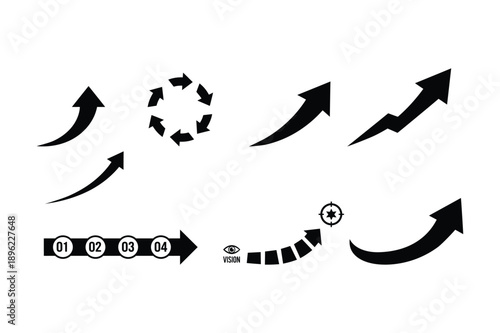 Collection of various black arrows in different shapes and styles silhouette