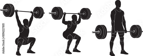 Black silhouettes of male weightlifters performing squats overhead press and deadlift with barbells isolated on white background for gym fitness and bodybuilding training concept