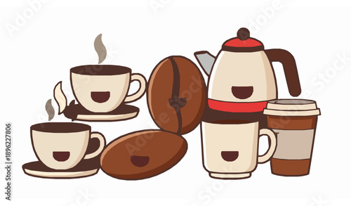Cute cartoon coffee icons set with smiling cups beans and cafe elements