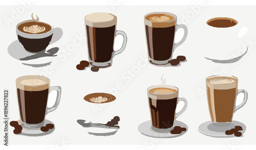 Realistic coffee vector illustration set with hot cups beans and cafe drinks