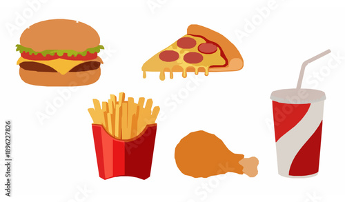 Classic junk food vector set with burger pizza fries and soda in flat design style