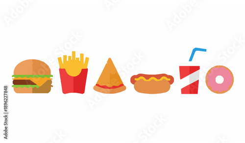 Cute cartoon junk food icons set with smiling fast food characters for kids design